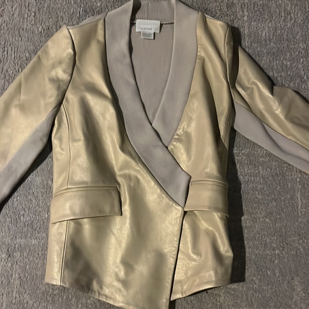 M Patmos Leather Merino Wool Open Front Jacket Metallic Gold Quiet Luxury XS - Picture 3 of 11